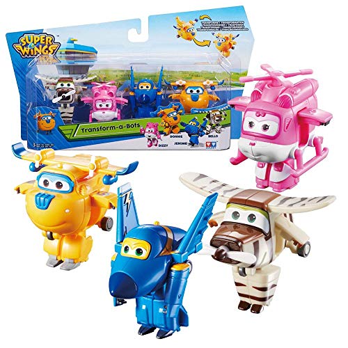 Super Wings Transform-a-Bots 4pk-Donnie/Dizzy/Jerome/Bello Spielfiguren Transformer, verwandelbare Spielflugzeuge und Roboterfiguren, Spielzeug für Kinder ab 3 Jahren – 5 cm, Multi Collour von Auldey