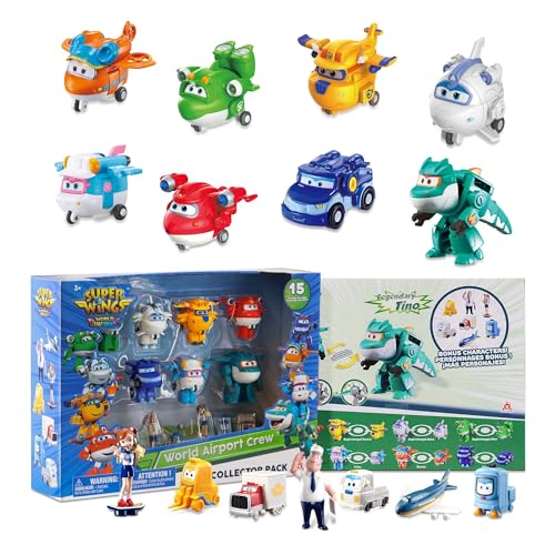 Super Wings World Airport Crew Verwandlungsroboter-Set, 8 Transformationsroboter und 7 PVC-Figuren, Verwandelbare Spielflugzeuge und Roboterfiguren für Jungen und Mädchen ab 3 Jahren von Super Wings