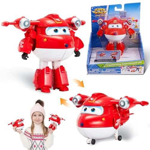 Super Wings Transformierender Supercharged Jett - 13 cm Flugzeug zu Roboter Spielzeugfigur (10 Schritte) Staffel 4 Kollektion für Kinder ab 3 Jahren - Batterien Nicht erforderlich von Super Wings