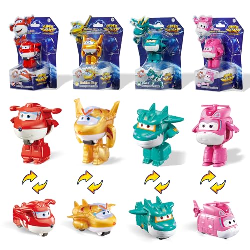 Super Wings Transforming Figuren 4 Pack, 5 cm Jett & Dizzy & Golden Boy & Tino, Roboter zu Flugzeug, Spielzeug ab 3 Jahren, Batteriefrei Sicherer ABS-Kunststoff, Action-Figuren zum Sammeln von Super Wings
