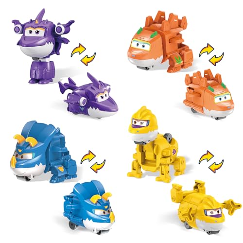 Super Wings Transforming Figuren 4 Pack, 5 cm Sally, Steggo, Trico & Brachy, Roboter zu Flugzeug, Spielzeug ab 3 Jahren, Batteriefrei Sicherer ABS-Kunststoff, Action-Figuren zum Sammeln von Super Wings