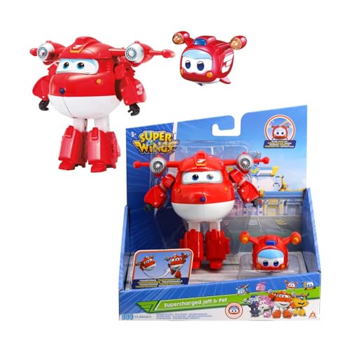 Super Wings Transforming Flugzeug Supercharged Jett und Super Pet Jett, Spielzeug für Kinder ab 3 Jahren, verwandelbare Flugzeuge mit Bewegungs- und Leuchtfunktion, Rot von Super Wings