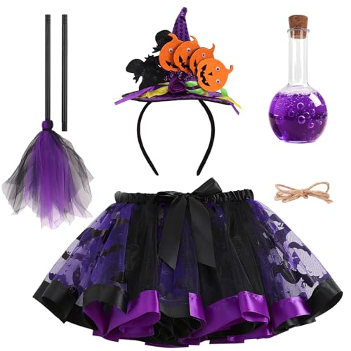 4er Hexenkostüm Kinder Set,Halloween Kostüm Kinder Hexe Tutu Rock mit Hexenbesen & Stirnband & Zaubertrank Flasche,Hexen Kostüm Mädchen Halloween Witch Costume Hexenkleid für Fasching Karneval 4er Hexenkostüm Kinder Set,Halloween Kostüm Kinder Hexe Tutu Rock mit Hexenbesen & Stirnband & Zaubertrank Flasche,Hexen Kostüm Mädchen Halloween Witch Costume Hexenkleid für Fasching Karneval von Superum
