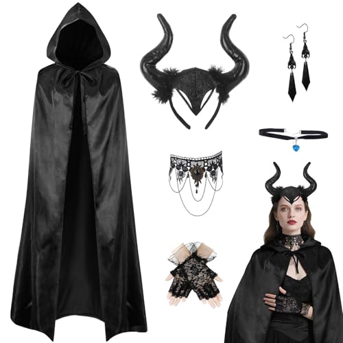 6er Teufel Kostüm Damen Set,150cm Halloween Teufel Malefiecent Kostüm Damen Schwarzer Umhang mit Teufelshörner & Gothic Schmuck & Spitze Handschuhe,Halloween Kostüm Teufel Umhang Cape Karneval Party 6er Teufel Kostüm Damen Set,150cm Halloween Teufel Malefiecent Kostüm Damen Schwarzer Umhang mit Teufelshörner & Gothic Schmuck & Spitze Handschuhe,Halloween Kostüm Teufel Umhang Cape Karneval Party von Superum