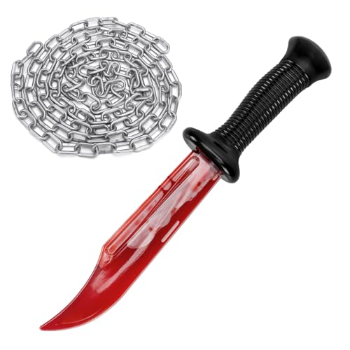 Blutiges Messer mit Kette Set - Scream Messer Halloween 34 cm Plastik Ghostface Halloween Zubehör Kostüm Horror Fake Waffe mit Blut,Plastikmesser Scherzartikel Accessoires für Erwachsene Kinder(A) von Superum