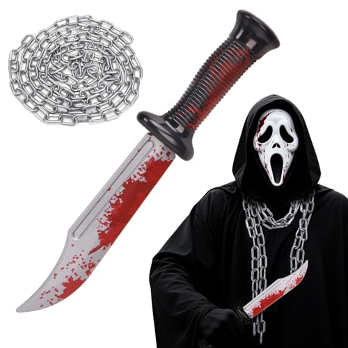 Blutiges Messer mit Kette Set - Scream Messer Halloween 34 cm Plastik Ghostface Halloween Zubehör Kostüm Horror Fake Waffe mit Blut,Plastikmesser Scherzartikel Accessoires für Erwachsene Kinder(B) von Superum