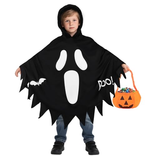 Geist Kostüm Kinder mit Leuchtendem,3-12 Jahre Halloween Kostüm Gespenst Umhang Schwarz mit Kapuze & Kürbis Bag,Geistergesicht Boo Geister Kostüme Mädchen Jungen für Halloween Karneval Cosplay(S) Geist Kostüm Kinder mit Leuchtendem,3-12 Jahre Halloween Kostüm Gespenst Umhang Schwarz mit Kapuze & Kürbis Bag,Geistergesicht Boo Geister Kostüme Mädchen Jungen für Halloween Karneval Cosplay(S) von Superum