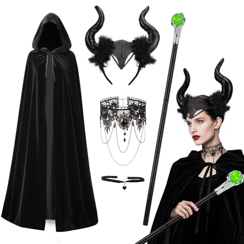 Halloween Kostüm Damen Set - 5er - Malefiecent Kostüm Umhang mit Kapuze & Kopfschmuck Hörner & Malefiecent Zauberstäbe & Gothic Spitzenhalskette,140cm Teufel Umhang Devil Costume Karneval Cosplay Halloween Kostüm Damen Set - 5er - Malefiecent Kostüm Umhang mit Kapuze & Kopfschmuck Hörner & Malefiecent Zauberstäbe & Gothic Spitzenhalskette,140cm Teufel Umhang Devil Costume Karneval Cosplay von Superum