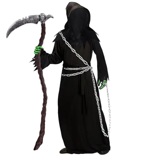 Halloween Kostüm Herren - 6er Gruselige Sensenmann Kostüm Erwachsene mit Maske & Sense(123 cm) & Metallkette Set,Horror Geister Kostüme Manner Dementor Grim Reaper Costume für Karneval Cosplay,M von Superum