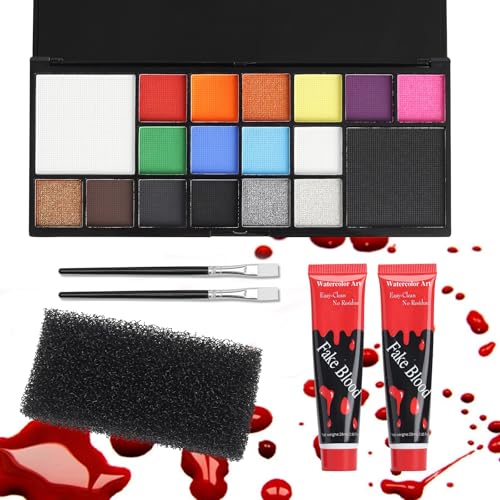 Halloween Schminke Set - 18 Farben Wasserbasis mit Kunstblut & Makeup Pinsel & Wunde Schwamm Schminkset,Halloween Make Up Kinderschminke Set Theaterschminke für Gesichts Vampir Monster Zombie von Superum