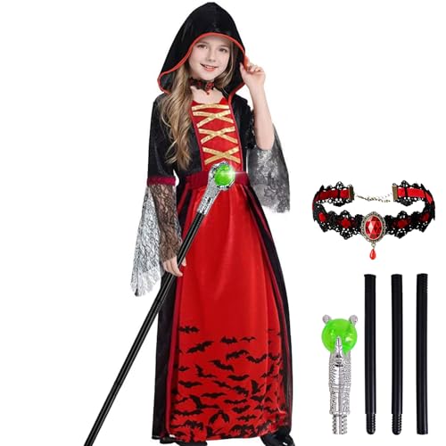 Royal Vampir Kostüm Mädchen Set - Mysteriös Vampire Kleid mit Kapuze & Vampirin Queen Gehstock & Kristallkette,Halloween Kostüm Vampire Gotisch Viktorianische Dracula Costume Dress Fasching Party von Superum