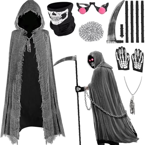 Sensenmann Kostüm Herren Set - 7er - Geister Sensenmann Umhang Erwachsene mit Maske & Sense & Kette & Rote Brille & Handschuhe,Halloween Kostüm Herren Damen Grim Reaper Tod Kostüme Sensenmann Sensenmann Kostüm Herren Set - 7er - Geister Sensenmann Umhang Erwachsene mit Maske & Sense & Kette & Rote Brille & Handschuhe,Halloween Kostüm Herren Damen Grim Reaper Tod Kostüme Sensenmann von Superum