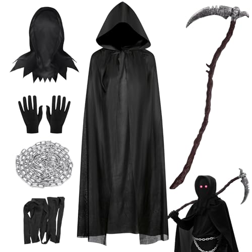 Sensenmann Kostüm Kinder mit Gebogene Sense & Separate Maske - 6er Set - Gruselige Halloween Kostüm Junge Sensenmann Umhang Schwarze 118-140 Grim Reaper Tod Dementor Costume Cosplay Outfit Party Sensenmann Kostüm Kinder mit Gebogene Sense & Separate Maske - 6er Set - Gruselige Halloween Kostüm Junge Sensenmann Umhang Schwarze 118-140 Grim Reaper Tod Dementor Costume Cosplay Outfit Party von Superum