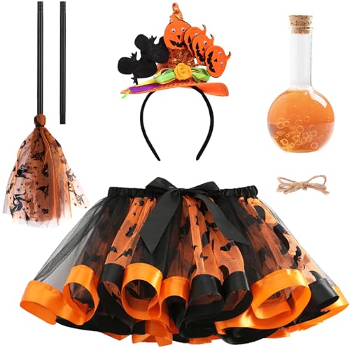 Superum 4er Hexenkostüm Kinder Set,Halloween Kostüm Kinder Hexe Mädchen Tutu Rock & Zaubertrank Flasche & Hexenbesen & Stirnband,Hexen Kostüm Mädchen Halloween Witch Costume Hexenkleid für Karneval von Superum