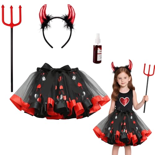 Superum 4er Teufel Kostüm Kinder Set,Halloween Kostüm Mädchen Teufel Tutu Rock mit Teufelshörner & Stirnband & Kunstblut,Devil Costume Teufelkostüm Rot Halloween Teufelkleid für Fasching Karneval Superum 4er Teufel Kostüm Kinder Set,Halloween Kostüm Mädchen Teufel Tutu Rock mit Teufelshörner & Stirnband & Kunstblut,Devil Costume Teufelkostüm Rot Halloween Teufelkleid für Fasching Karneval von Superum