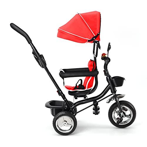 Baby-Dreirad, mitwachsend, Dreirad für Kinder von 18 Monaten bis 5 Jahren, 4-in-1-Kinderwagen-Fahrrad mit wendbarem Sitz, Sonnenschutz und Pedal, kompakter Kinderwagen (Rot, 4-in-1) von Supfine