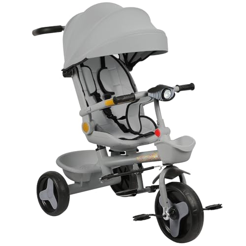 Baby-Dreirad mit um 360° drehbarem Sitz, Fahrrad, 2 Jahre – Kinderwagen, 1 – 5 Jahre oder 25 kg – Licht, Aufbewahrung, ausziehbares Verdeck und Elterngriff (Grau, 81 x 60 x 95 cm) von Supfine