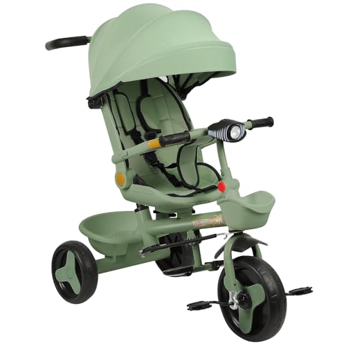 Baby-Dreirad mit um 360° drehbarem Sitz, Fahrrad, 2 Jahre – Kinderwagen, 1 – 5 Jahre oder 25 kg – Licht, Aufbewahrung, ausziehbares Verdeck und Elterngriff (Grün, 81 x 60 x 95 cm) von Supfine