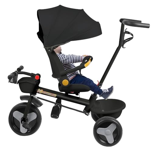 Baby-Dreirad mit um 360° drehbarem Sitz, Fahrrad, 2 Jahre – Kinderwagen, 1 – 5 Jahre oder 25 kg – Licht, Aufbewahrung, ausziehbares Verdeck und Elterngriff (Schwarz, 81 x 60 x 95 cm) von Supfine