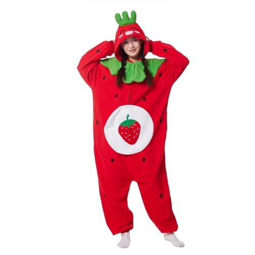Supodon Einteiler für Erwachsene, Erdbeer-Kostüm, Pyjama, Cosplay, Obst, Plüsch, Homewear Halloween, Uni, Jumpsuit für Männer und Frauen von Supodon