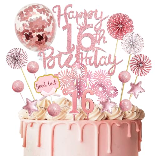 Tortendeko 16 Geburtstag Mädchen, 20 Pcs Roségold Cake Topper Deko 16 Geburtstag, Glitzer Happy 16th Birthday Kuchen deko, 16 Geburtstag Kuchendeko für 16. Geburtstag Party von SupreLuck