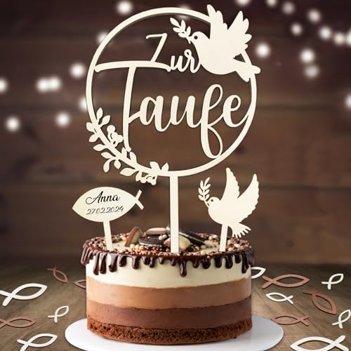 Cake Topper Taufe, Taufe Tortendeko Holz Taufetortenaufleger Taufe & 36 Stück Holz Fische Tischdeko, Taufe Deko Mädchen Junge - Zur Taufe Cake Topper, Geburtstage Taufen Duschen von SupreLuck