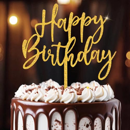 Happy Birthday Tortendeko aus Holz, Goldener Glitzer 'Happy Birthday' Cake Topper, Kuchen Deko für Mädchen Jungen Frauen Mann Größe 16x 20cm Happy Birthday Tortendeko aus Holz, Goldener Glitzer 'Happy Birthday' Cake Topper, Kuchen Deko für Mädchen Jungen Frauen Mann Größe 16x 20cm von SupreLuck