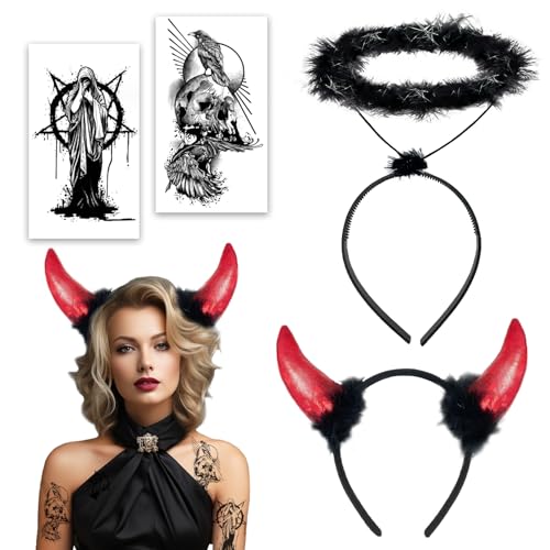 SupreLuck 2Stk Fasching Haarreif Teufelshörner Teufelsohren Rote+ Schwarzer Heiligenschein Engel, Karneval Kostüm Damen Kinder Herren, für Karneval Faschingskostüme Halloween Accessoires von SupreLuck