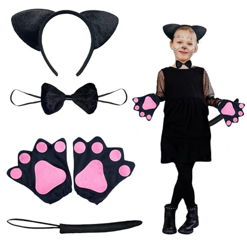 SupreLuck 4 Stück Katzenkostüm Kinder, Faschingskostüme Kinder Karneval Kostüm Mädchen, Katzenohren Fliege Katzenschwanz Pfoten, Katzen Kostüme für Kinder Fasching Karneval Halloween Party Cosplay von SupreLuck