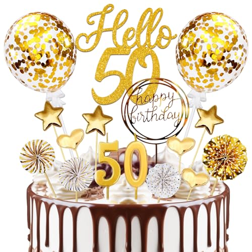 Tortendeko 50 Geburtstag Mann Frau, 20 Pcs Gold Kuchen Deko 50. Geburtstag, Hello 50" Torten Deko mit Geburtstagskerzen, für 50 Geburtstag Deko Cake Decoration von SupreLuck