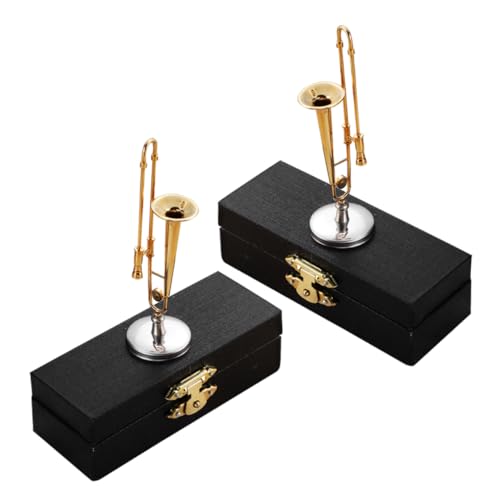 SUPVOX 2 Sätze Miniatur Posaune Modell Teilig mit Koffer und Ständer Kleines Musikinstrument für Puppenhaus Tischdekoration Platzsparend Tragbar für Musikliebhaber von Supvox