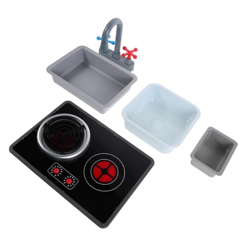SUPVOX 6 Stück Teiliges Kinderküche Spielset mit Realistischen Licht und Soundeffekten Induktionsherd Quadratischem Rechteckigem Becken Mini Spüle und Wasserhahn Leicht Tragbar von Supvox