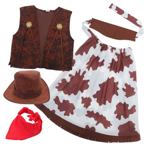 Supvox Cowgirl Kostüm Für Mädchen Inklusive Kappe Bandana Und Weste Westernhut Für Halloween Cosplay Und Party Western-Outfit Kinderkostüm von Supvox