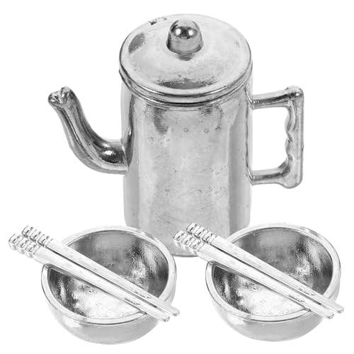 Supvox 1 Set Miniatur Puppenhausgeschirr Servierutensilien Puppenhauszubehör Wasserkocher Mini Küchenzubehör Heim Minihaus Geschirr Dekoration Puppenhaus Schüssel Eisen Silber von Supvox