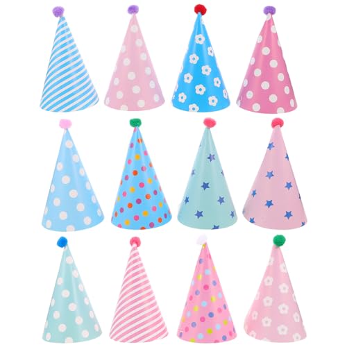 Supvox 12 Geburtstagshüte aus Papier für Kinder – bunte Partyhüte in Kegelform mit Bommel – Geburtstagskappe für Kinder, Party-Kopfbedeckung für Kleinkinder, Fotoautomaten-Requisiten, von Supvox