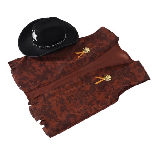 Supvox 2 Stück Teiliges Cowboy Kostüm für Western Outfit mit Hut und Weste für Halloween Geburtstagsfeiern und Rollenspiele von Supvox