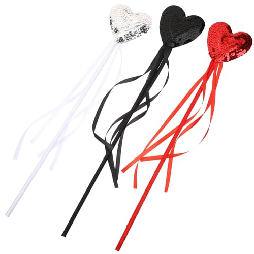 Supvox 3 Stück Teiliges Feenstab Herzform mit Pailletten Glitzer Zauberstab für Mädchen Party Fotorequisiten Prinzessin Kostüm Zubehör in Schwarz Rot Silber von Supvox