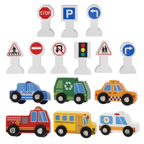 Supvox Holzfahrzeug spielset mit Verkehrszeichen Pädagogisches Baustellenauto aus Nachhaltigem Holz Sicher und Glatt für Ab Jahren Geschenk für Jungen und Mädchen von Supvox