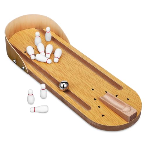 Supvox Mini Bowling Set aus Holz Tischspiel mit Glatten Kanten Fördert Hand Auge koordination Platzsparend für Erwachsene für Familie Party Büro Sicheres Indoor von Supvox