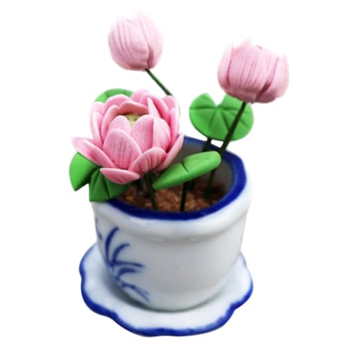 Supvox Miniatur-Puppenhaus-Blumentopf Mini-Lotus Im Topf Mit Untertasse-Modell Winzige Künstliche Grünornamente Puppenhaus-Möbel-Dekor Für Landschafts-DIY-Bastelarbeiten von Supvox