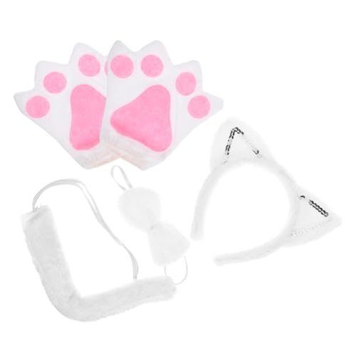 Supvox Weiße Katzenohren Haarreif mit Plüsch Bowtie Katzenschwanz und Handschuhen Leichtes Cat Cosplay für Halloween Karneval Tier Mottoparty und Bühnenauftritte von Supvox