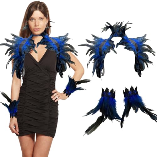 3er Set Gothic Feder Achselzucken Schal Poncho mit Feder Manschette Halloween Party Kostüm Epauletten Shrug Kragen,Damen Feder Umhang Cape Federboa Feder Schal für Halloween Cosplay Fasching Kostüm von Surakey