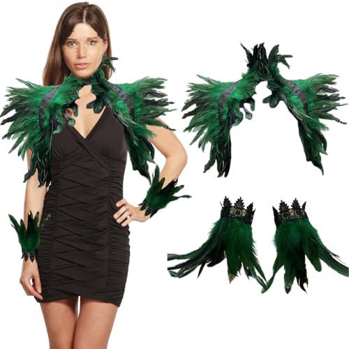 3er Set Gothic Feder Achselzucken Schal Poncho mit Feder Manschette Halloween Party Kostüm Epauletten Shrug Kragen,Damen Feder Umhang Cape Federboa Feder Schal für Halloween Cosplay Fasching Kostüm von Surakey