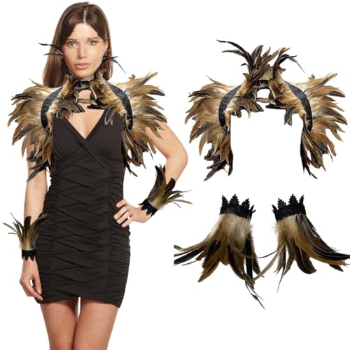 3er Set Gothic Feder Achselzucken Schal Poncho mit Feder Manschette Halloween Party Kostüm Epauletten Shrug Kragen,Damen Feder Umhang Cape Federboa Feder Schal für Halloween Cosplay Fasching Kostüm von Surakey