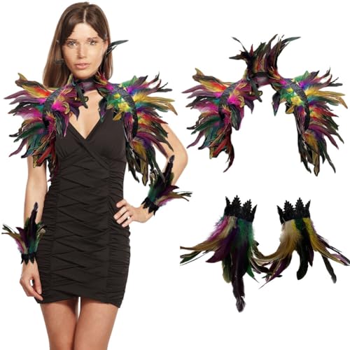 3er Set Gothic Feder Achselzucken Schal Poncho mit Feder Manschette Halloween Party Kostüm Epauletten Shrug Kragen,Damen Feder Umhang Cape Federboa Feder Schal für Halloween Cosplay Fasching Kostüm von Surakey