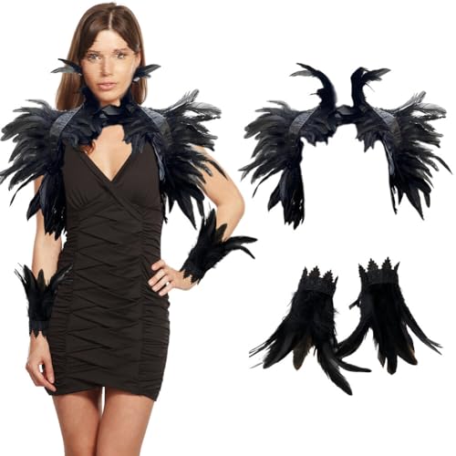 3er Set Gothic Feder Achselzucken Schal Poncho mit Feder Manschette Halloween Party Kostüm Epauletten Shrug Kragen,Damen Feder Umhang Cape Federboa Feder Schal für Halloween Cosplay Fasching Kostüm von Surakey