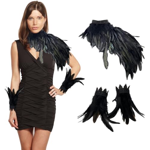 3er Set Gothic Feder Achselzucken Schal mit Feder Manschette Halloween Party Kostüm,Gothic Schwarz Feder Cape Schal Federn Schulter,Damen Feder Umhang Cape Federboa für Halloween Cosplay Verkleidung von Surakey