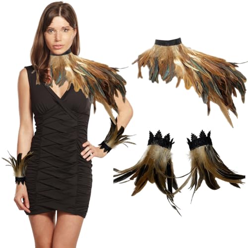 3er Set Gothic Feder Achselzucken Schal mit Feder Manschette Halloween Party Kostüm,Gothic Schwarz Feder Cape Schal Federn Schulter,Damen Feder Umhang Cape Federboa für Halloween Cosplay Verkleidung von Surakey