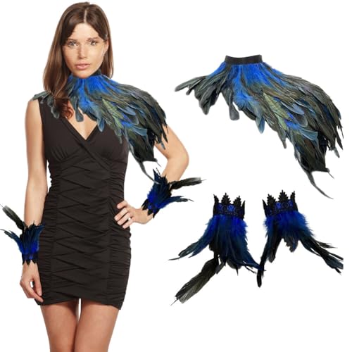3er Set Gothic Feder Achselzucken Schal mit Feder Manschette Halloween Party Kostüm,Gothic Schwarz Feder Cape Schal Federn Schulter,Damen Feder Umhang Cape Federboa für Halloween Cosplay Verkleidung von Surakey