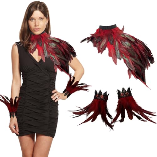 3er Set Gothic Feder Achselzucken Schal mit Feder Manschette Halloween Party Kostüm,Gothic Schwarz Feder Cape Schal Federn Schulter,Damen Feder Umhang Cape Federboa für Halloween Cosplay Verkleidung von Surakey